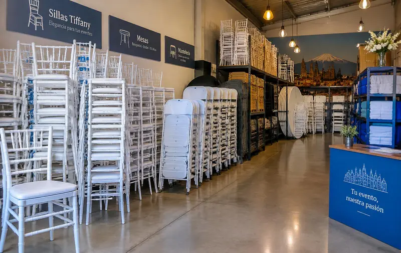 Sillas Tiffany y plegables apiladas en una bodega de renta